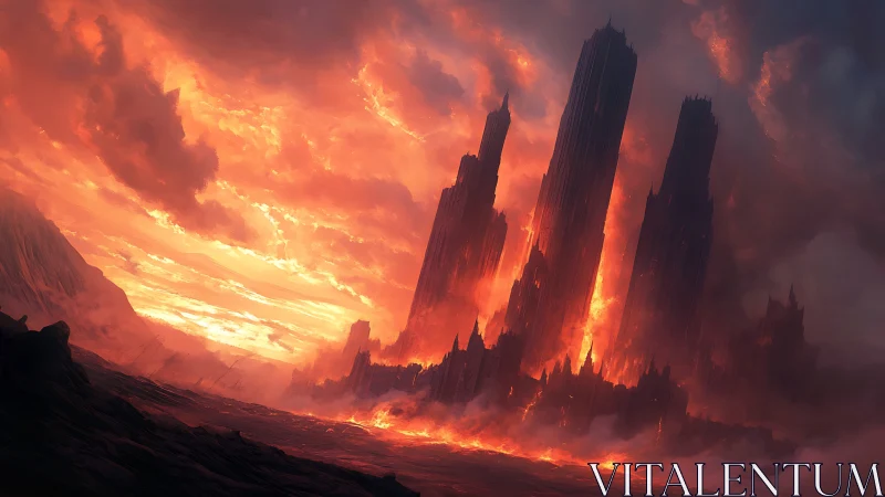 Vertical lava towers in fiery volcanic landscape at dusk.