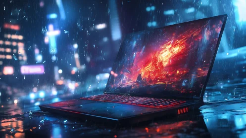 Gaming laptop glows over wet neon city street in rain