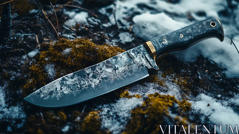 Winter-lit camp knife resting quietly on mossy ground.