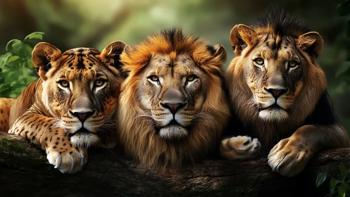 Three Adult Lions Resting Together on Log with Verdant Foliage Background