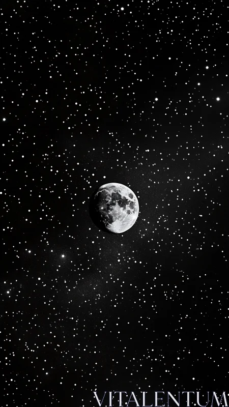 Photorealistic lunar portrait in dense stellar field composition.