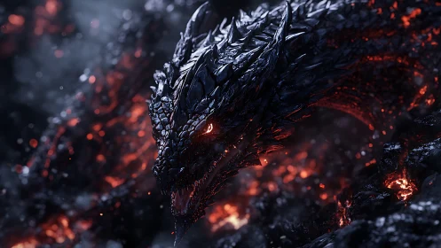 Obsidian dragon rises from molten lava in burning chasm.