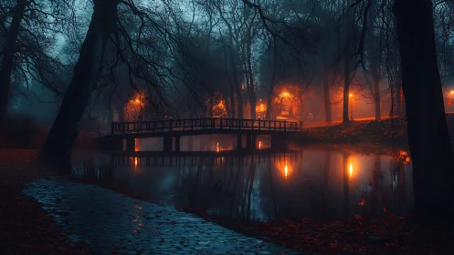 Misty park bridge over glowing lake at blue hour dusk.