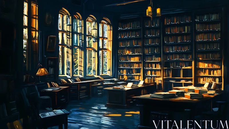 Golden hour illumination sweeps across a grand painted library