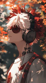 Red haired listener absorbs autumn light with headphones