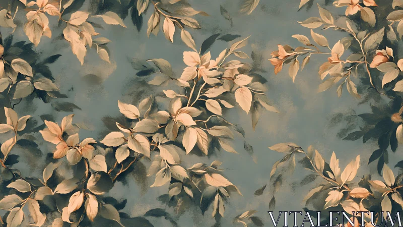 Botanical leaf pattern on muted teal painterly backdrop.