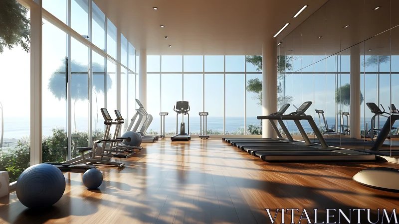 Indoor fitness room overlooks seascape through full glazing