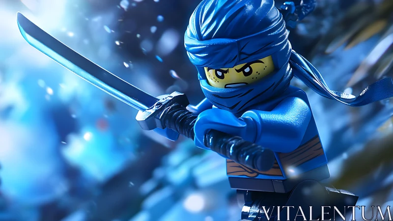 Blue Lego ninja minifigure posed with drawn katana sword.