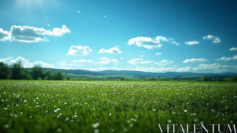 Sunlit wildflower meadow stretches beneath bright blue sky.