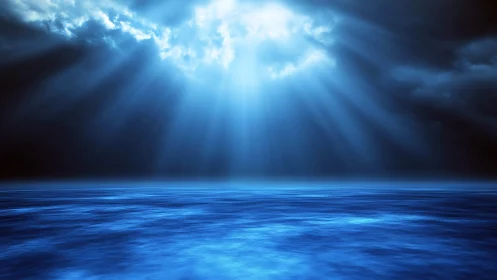 Celestial light shafts pouring over tranquil blue ocean.