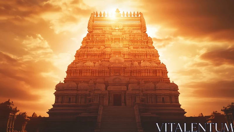 Sunlit Dravidian temple tower glows against dramatic sky.