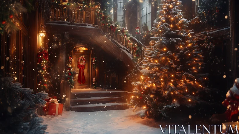 Snowy townhouse courtyard glowing with cozy Christmas lights.