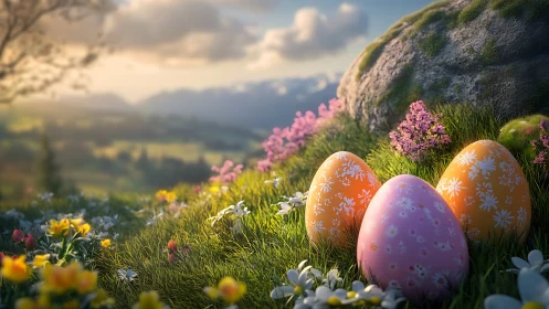 Easter eggs nestled in luminous alpine wildflower meadow.