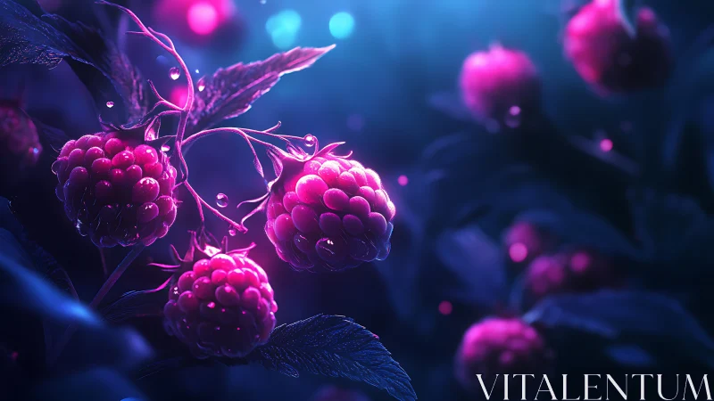 Digital rendering depicts raspberries under blue and magenta light