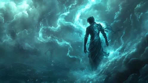 Ethereal figure in bioluminescent storm cloud vortex, teal glow