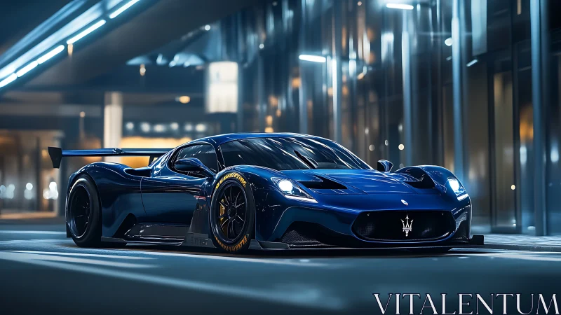 Blue racing sports car on city street at night scene.