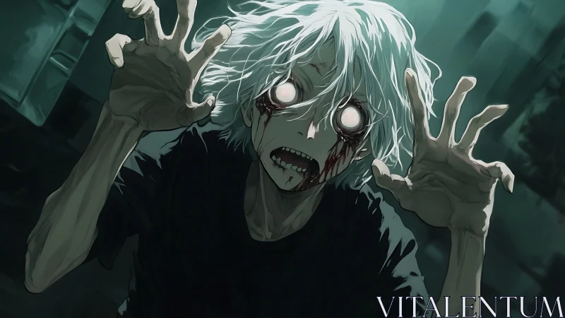 Pale-eyed anime horror figure reaches out in eerie panic.