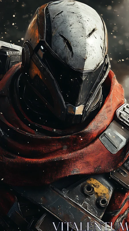 Weathered exoplanetary combat exosuit with scarred visor plate.