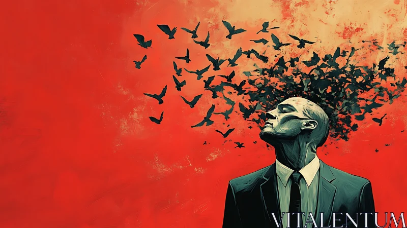 Silhouetted birds disperse from a suited man&rsquo;s dissolving head