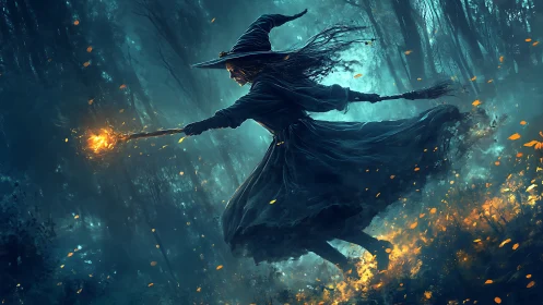 Witch figure moves through forest with illuminated staff