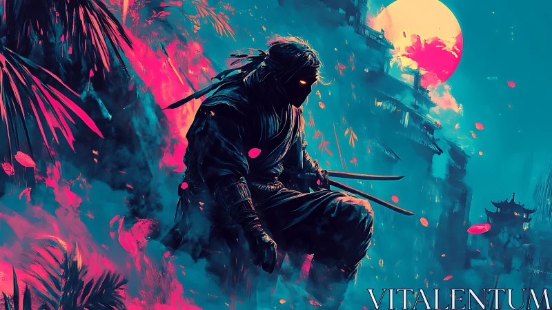 Neon moonlight surrounds a stealthy cyber ninja in motion