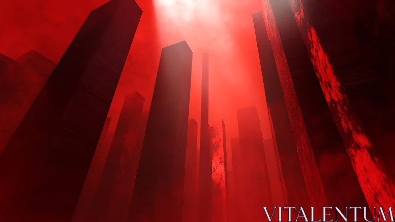 Red monolithic skyscrapers rise under harsh central light