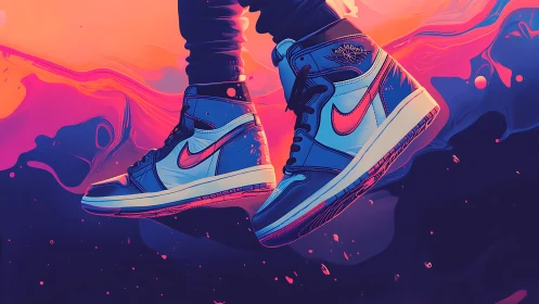 High-top sneakers in stylized neon gradient environment.