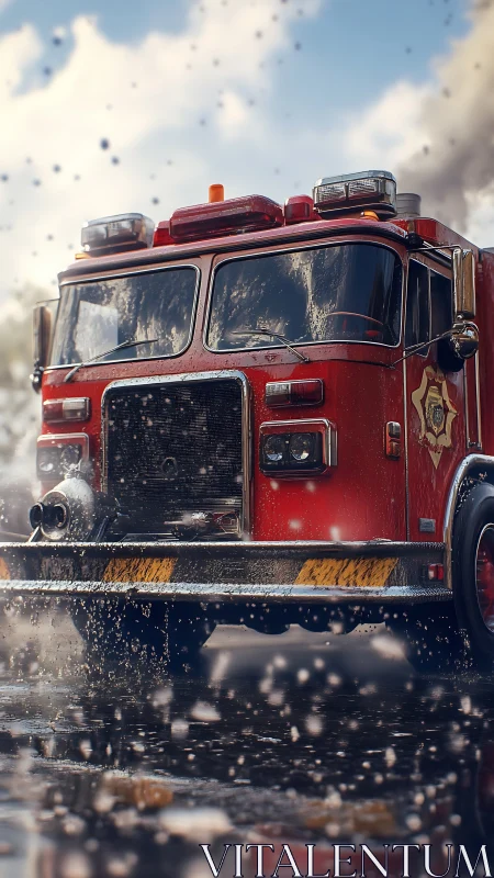 Red fire engine charging through water spray action.
