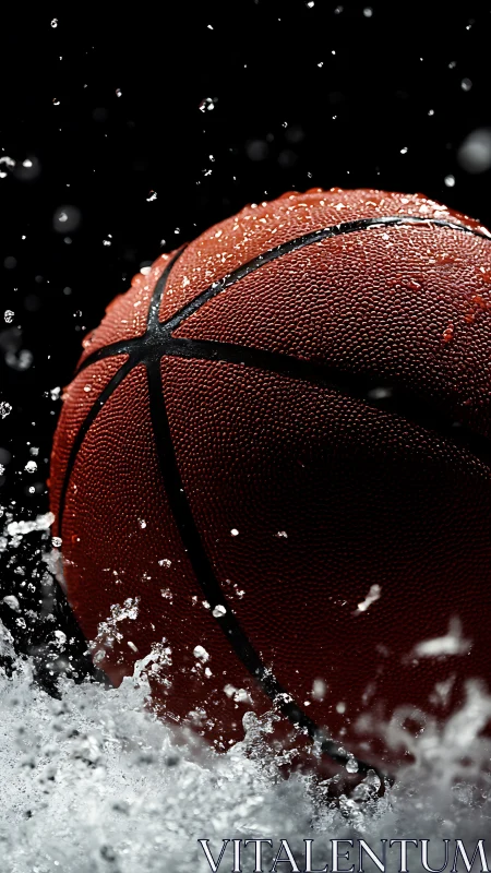 Macro closeup of wet basketball splashing through water in motion