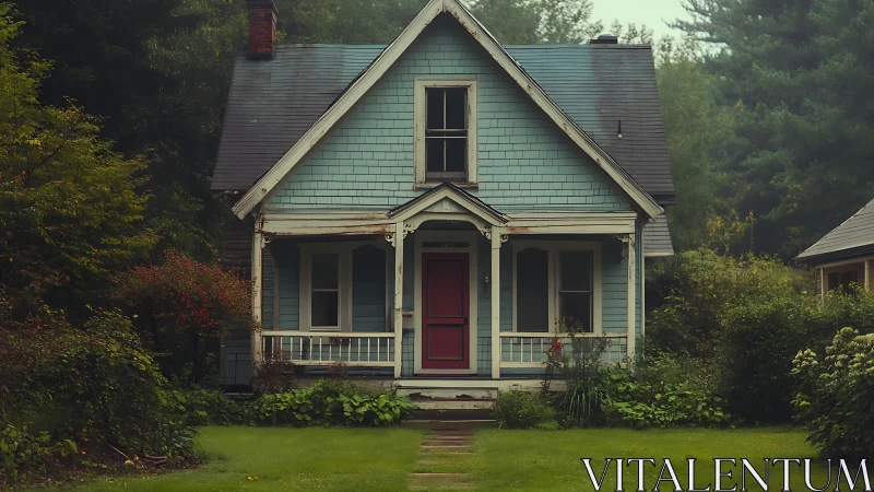 Weathered blue cottage façade with symmetrical porch and aging trim