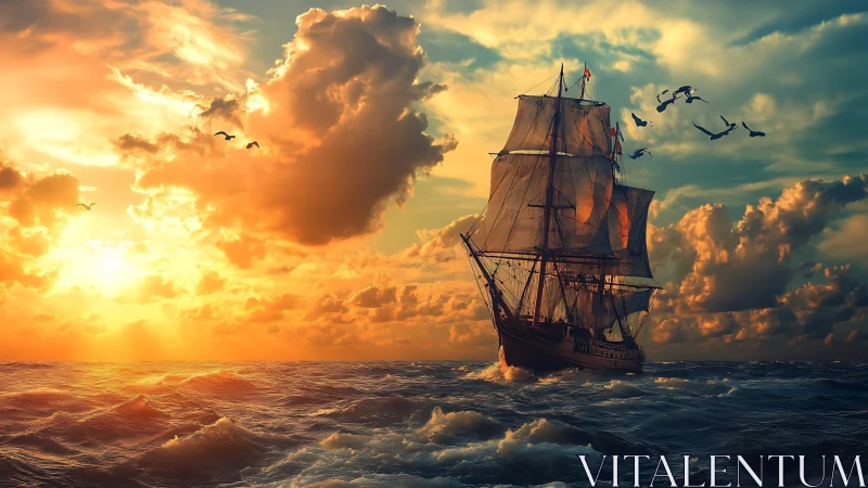 Baroque-lit tall ship cutting chromatic waves at sunset.