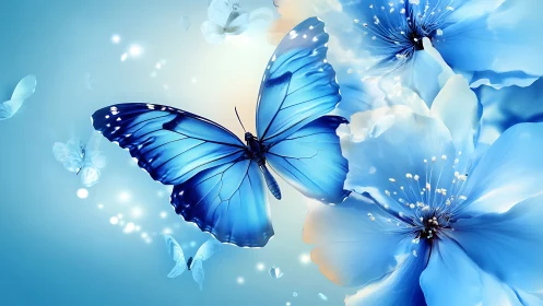 Blue butterfly drifts through luminous flower blossoms.