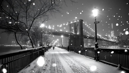Snow falls on riverside walkway beneath illuminated bridge at night