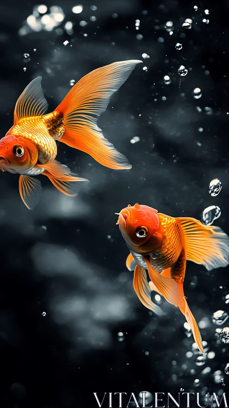 Vibrant orange goldfish swimming against dark water background.