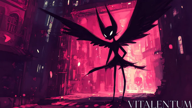 Shadow-winged figure stalks a neon alleyway at night.