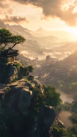 Sunlit mountain temple overlooks misty valley settlement