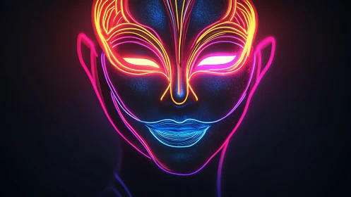 Neon-contoured cyber mask portrait with luminous facial topology.