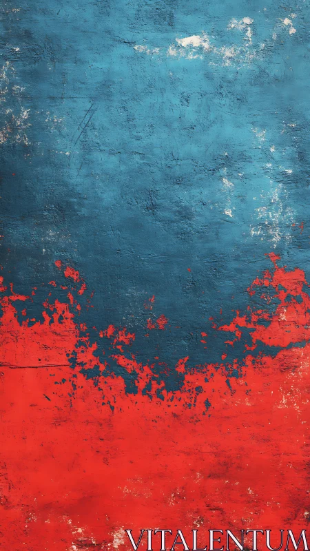 Textured blue and red abstract wall with layered paint erosion