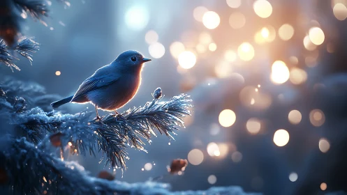 Winter-sparked songbird pauses on frosted pine in glowing hush