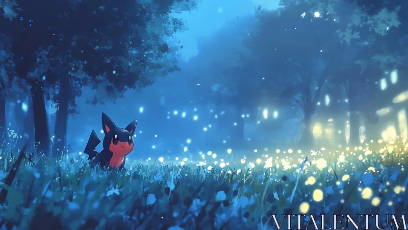 Bioluminescent meadow scene with stylized creature under blue haze