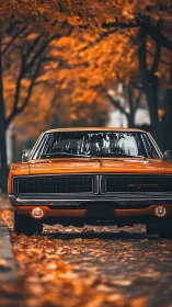 Vintage orange coupe parked on leaf-covered autumn street.