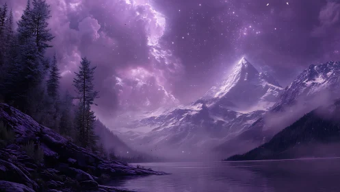 Nebulous violet alpine range over mirrored glacial lake