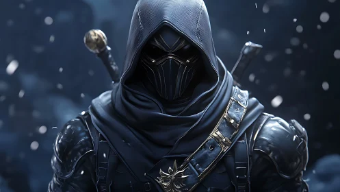 Hooded armored warrior stands in detailed snowy environment