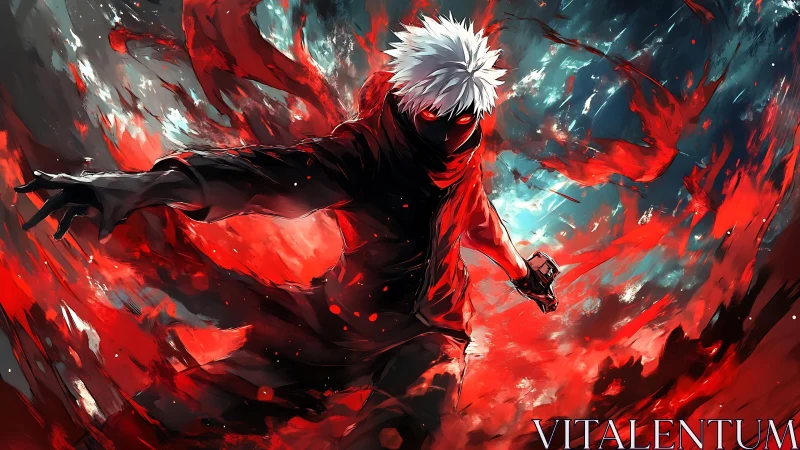 Storm of crimson energy swirling around masked hero.