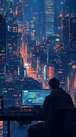 Nighttime cityscape with single workstation overlooking skyline.