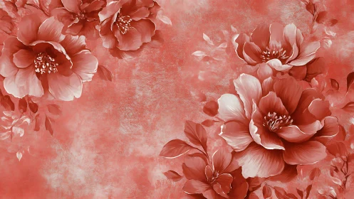 Monochrome red floral illustration shows layered blooming flowers.