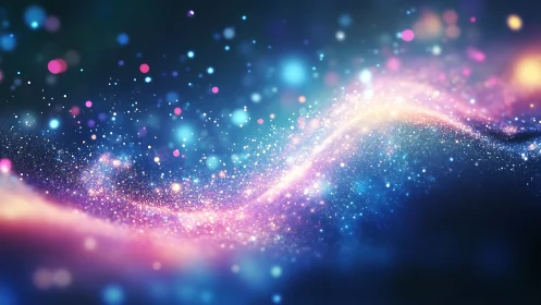 Cosmic light trail shimmers through neon starry particles.