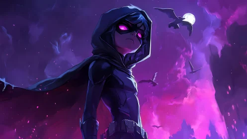 Hooded neon vigilante under moonlit storm of ravens.