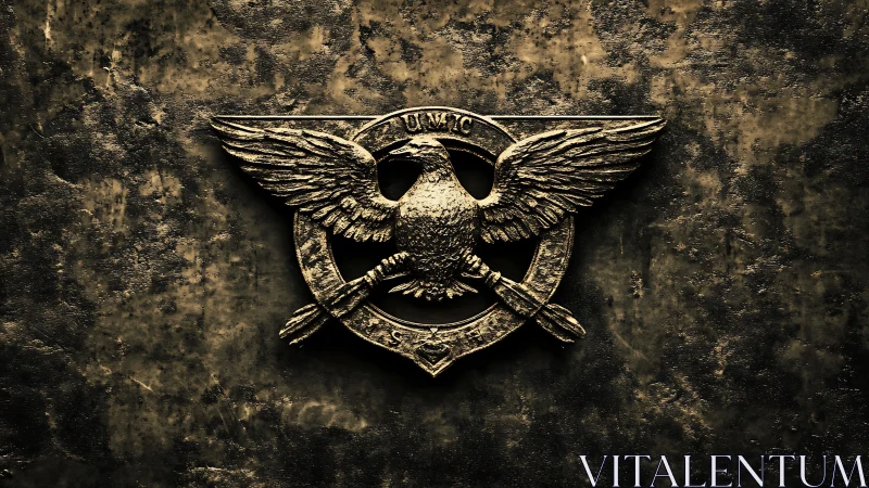 Metallic eagle insignia with crossed rifles on worn wall