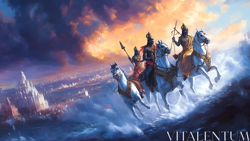 Heroic riders charge across shimmering celestial waves.